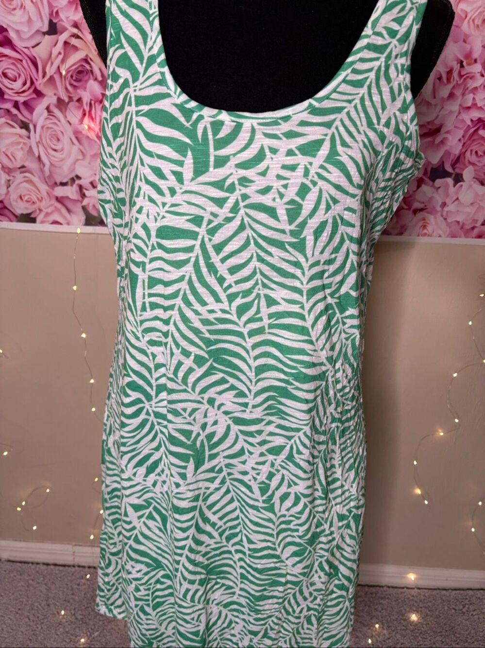 Tango Mango Women's Green White Tropcial Leaf Sleeveless Shift Dress Size MEDIUM - Picture 2 of 8